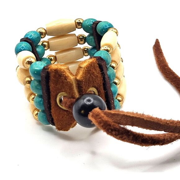 Native American Carved Horn Bovine Brass Wood Leather Bracelet 10in - Picture 3 of 4